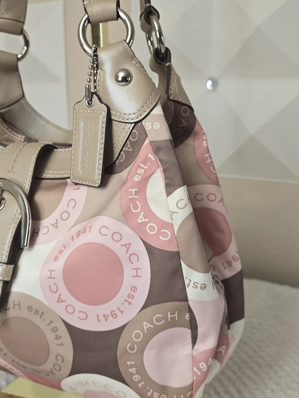 Coach Ashley Signature Circle Print Hobo Bag Pink Tan Canvas Leather Trim - Picture 4 of 12